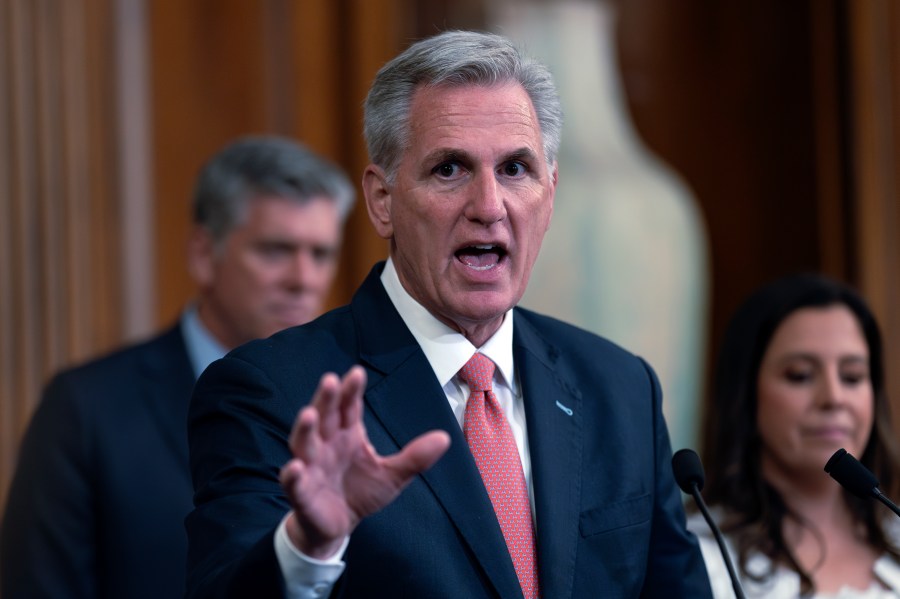 FILE - Speaker of the House Kevin McCarthy, R-Calif., holds a news conference as the House prepares to leave for its August recess, at the Capitol in Washington, Thursday, July 27, 2023. McCarthy suggested Sunday, Aug. 27, that an impeachment inquiry of President Joe Biden was becoming more likely, calling it “a natural step” as Congress soon ends its summer break and House Republicans seek to expand their investigative power. (AP Photo/J. Scott Applewhite, File)