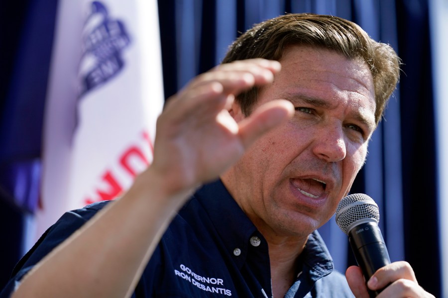 FILE - Republican presidential candidate Florida Gov. Ron DeSantis speaks during a Fair-Side Chat at the Iowa State Fair, Aug. 12, 2023, in Des Moines, Iowa. DeSantis said Saturday, Aug 26, 2023, in a post on the social media site X, formerly known as Twitter, that he has directed state emergency officials begin preparations for a storm. (AP Photo/Jeff Roberson, File)