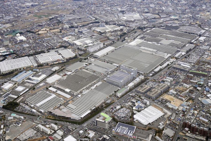 This aerial photo shows Toyota's Motomachi plant on March 1, 2022, in Toyota, central Japan. All 28 vehicle assembly lines at Toyota’s 14 auto plants in Japan shut down Tuesday, Aug. 29, 2023, over a problem in its computer system that deals with incoming auto parts.(Kyodo News via AP)