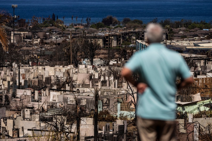 A man views the aftermath of a wildfire in Lahaina, Hawaii, Saturday, Aug. 19, 2023. (AP Photo/Jae C. Hong)