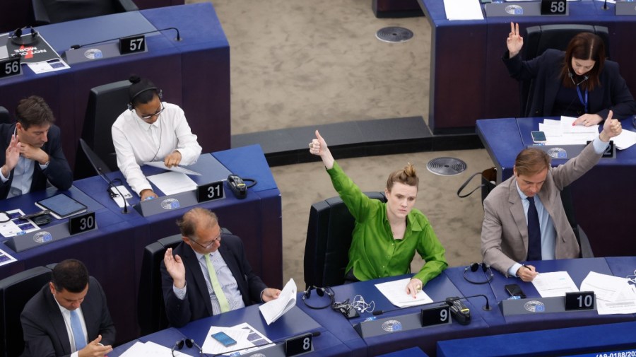 Lawmakers vote on the Artificial Intelligence act Wednesday, June 14, 2023 at the European Parliament in Strasbourg, eastern France. Authorities worldwide are racing to rein in artificial intelligence, including in the European Union, where groundbreaking legislation is set to pass a key hurdle Wednesday. European Parliament lawmakers are due to vote on the proposal — including controversial amendments on facial recognition. (AP Photo/Jean-Francois Badias)