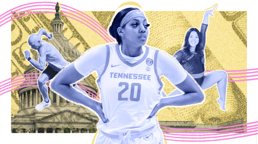 Photo illustration of Tamari Key (center) in Tennessee jersey, Elise Byun (center right) in a gymnastics pose, and Bryce Choate (center left) starting to run. All cutouts are light blue toned with a halftone texture. The background is light yellow, with a photo overlay of a folded-over $100 bill and of the Capitol dome. Two rows of pink, penciled-in wave lines extend over the illustration’s white border; these lines are positioned behind the cutouts of athletes.