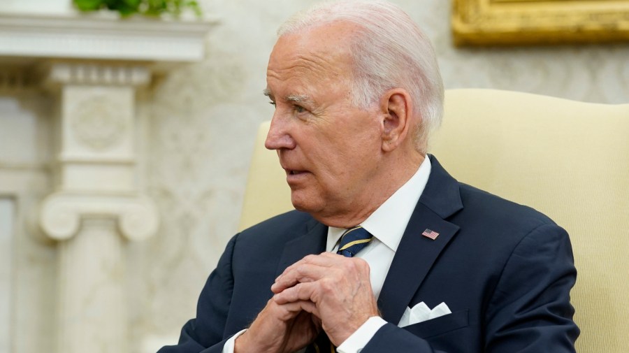 President Joe Biden looks to Israel's President Isaac Herzog as they meet in the Oval Office of the White House in Washington, Tuesday, July 18, 2023. (AP Photo/Susan Walsh)