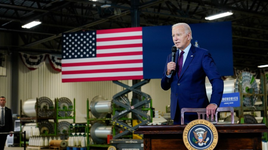 President Joe Biden speaks at Auburn Manufacturing Inc., in Auburn, Maine, Friday, July 28, 2023, before he signs an executive order to encourage companies to manufacture new inventions in the United States. (AP Photo/Susan Walsh)