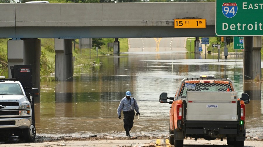 Floodwaters blocks Wayne Road under I-94, Thursday, Aug. 24, 2023, in Detroit. Officials say parts of southeast Michigan got over 5 inches of rain by Thursday morning resulting in street flooding in the Detroit area, including tunnels leading to Detroit Metropolitan Airport. (