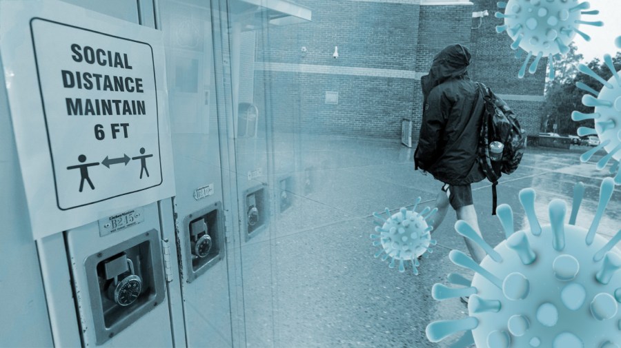 Images are composited together depicting, on the left, a row of lockers and a sign that reads “SOCIAL DISTANCE MAINTAIN 6 FT” and on the right a student wearing a backpack walking toward a school building. The images are tinted light blue. On the right side of the image is a cluster of blue coronavirus particles.