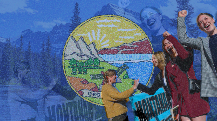 Photo illustration of people cheering over the textured embelm of the Montana flag; the background is dark blue with another, closer overlay of the same people and semi-transparent photo of Montana’s Glacier National Park and its mountains and trees.