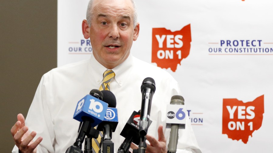 Republican Ohio Senate president Matt Huffman talks to reporters in Columbus, Ohio, following the failure of Issue 1 in a special election Tuesday, Aug. 8, 2023.