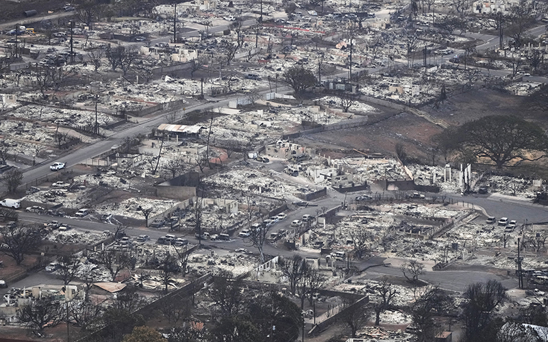 An aerial show shows wildfire wreckage, burned homes and trees in Lahaina, Hawaii