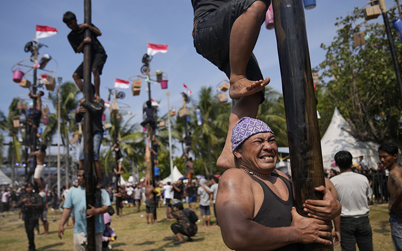 A participant clings to a greased pole and winces as another participant standing on his shoulders tries to climb higher. In the background are numerous other teams trying to climb greased poles with flags atop them.