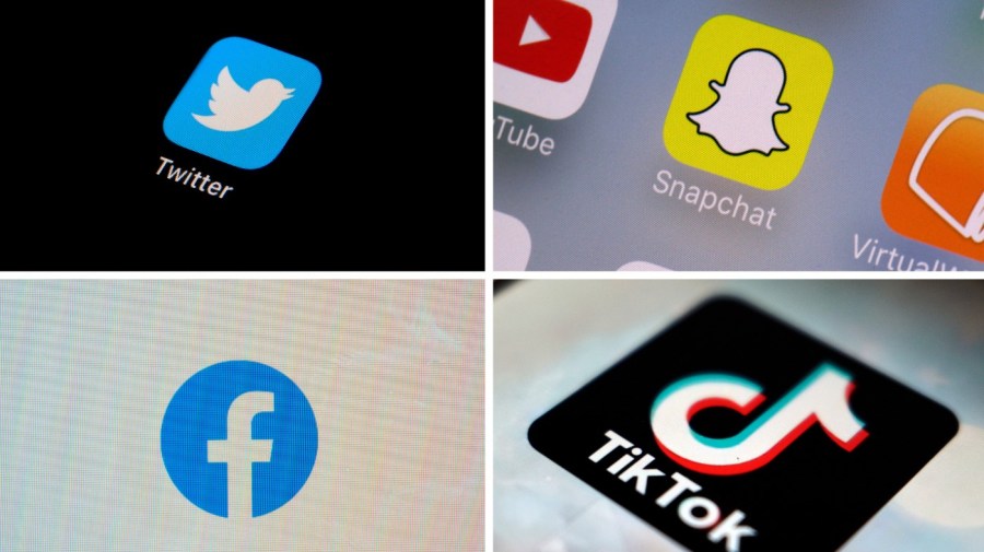 This combination of photos shows logos of Twitter, top left; Snapchat, top right; Facebook, bottom left; and TikTok. A bipartisan group of senators on Wednesday, April 26, 2023, introduced legislation aiming to prohibit all children under the age of 13 from using social media and would require permission from a guardian for users under 18 to create an account. It is one of several proposals in Congress seeking to make the internet safer for children and teens. (AP Photo, File)