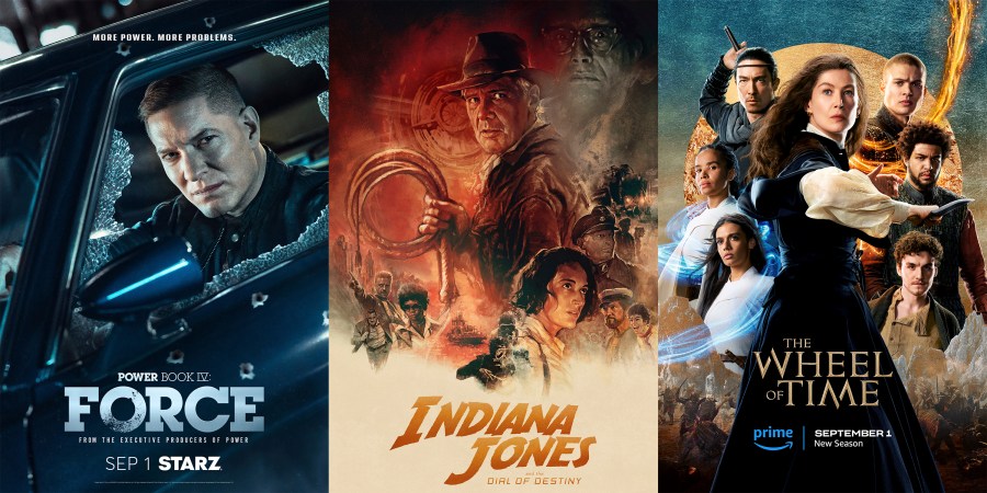 This combination of photos shows promotional art for the series “Power Book IV: Force,” premiering Sept. 1 on Starz, left, ”Indiana Jones and the Dial of Destiny,” a film available on video-on-demand on Aug. 29, center, and “The Wheel of Time," a fantasy series returning for a second season on Sept. 1. (Starz/Lucasfilm/Amazon Prime via AP)