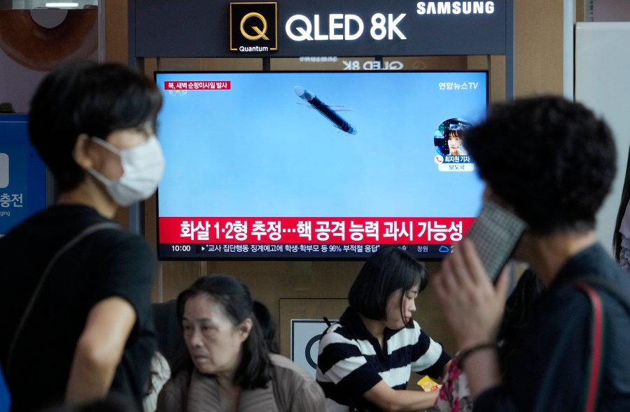 A TV screen shows a file image of North Korea's missile launch during a news program at the Seoul Railway Station in Seoul, South Korea, Saturday, Sept. 2, 2023. (AP Photo/Ahn Young-joon)