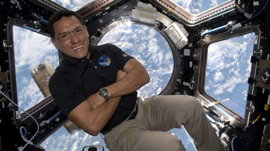 This image provided by NASA shows astronaut Frank Rubio floating inside the cupola, the International Space Station’s “window to the world.” Rubio now holds the record for the longest U.S. spaceflight. Rubio surpassed the U.S. record of 355 days on Monday, Sept. 11, 2023 at the International Space Station. He arrived at the outpost last September with two Russians for a routine six months. (NASA via AP)