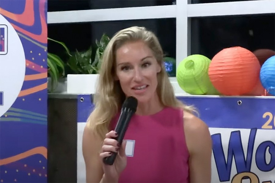 In this image taken from a video, Virginia legislative candidate Susanna Gibson addresses the Women's Summit in Virginia Beach, Va., in September of 2022. (Neil Smith via AP)