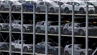 Electric vehicles produced by Volkswagen Saxony park before on the Zwickau plant premises in Zwickau, eastern Germany, Thursday, Sept. 14, 2023. The Zwickau plant has been a pioneer of electromobility at Volkswagen. In addition to the ID.3, ID.4 and ID.5 models, two models for Audi and one of the Cupra brand are also produced there. (Hendrik Schmidt/dpa via AP)