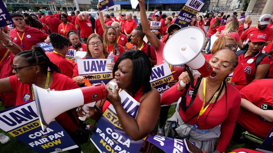 United Auto Workers members attend a rally in Detroit, Friday, Sept. 15, 2023. The UAW is conducting a strike against Ford, Stellantis and General Motors. (AP Photo/Paul Sancya)