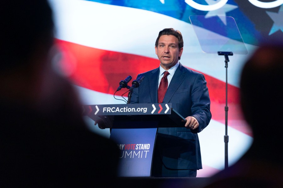 Republican presidential hopeful Governor Ron DeSantis, R-Fla., speaks during the Pray Vote Stand Summit Friday, Sept. 15, 2023, in Washington. (AP Photo/Jose Luis Magana)