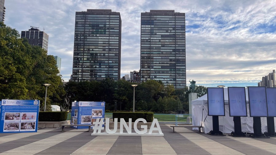 FILE - A "#UNGA" sign is on display at United Nations headquarters, Saturday, Sept. 24, 2022. (AP Photo/Ted Anthony, File)