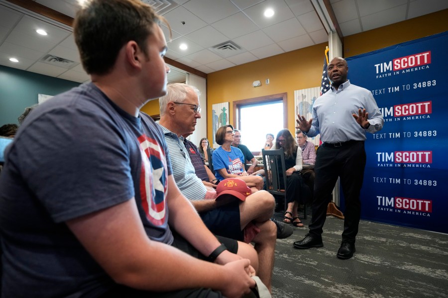 Republican presidential candidate Sen. Tim Scott, R-S.C., speaks during a meet and greet, Monday, Sept. 18, 2023, in Fort Dodge, Iowa. (AP Photo/Charlie Neibergall)