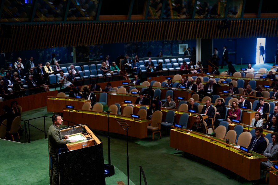 Ukrainian President Volodymyr Zelenskyy addresses the 78th session of the United Nations General Assembly at United Nations headquarters, Tuesday, Sept. 19, 2023. (AP Photo/Seth Wenig)