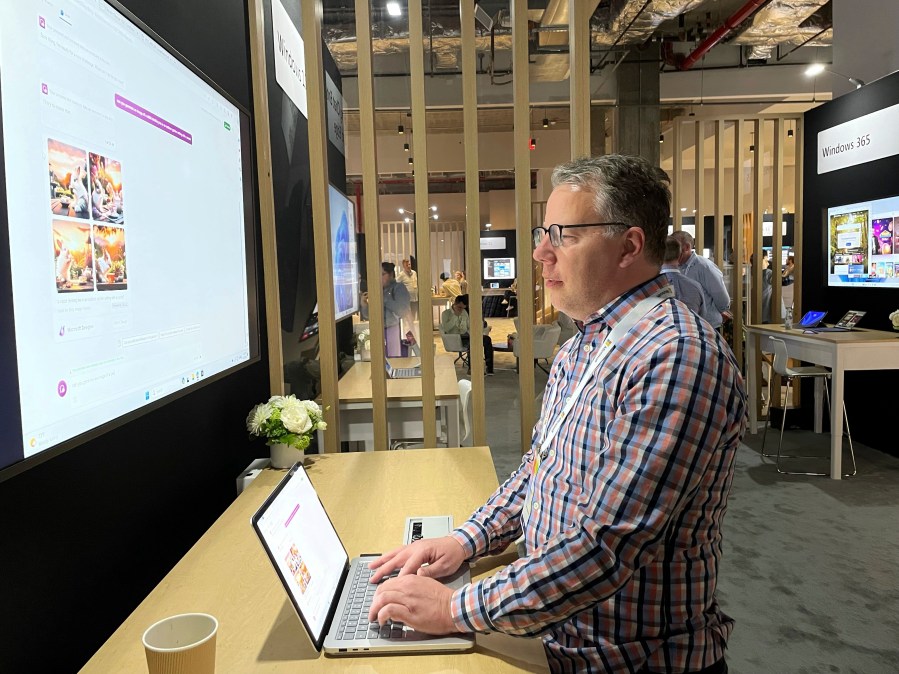 Jared Andersen, Director of Product Marketing for Bing Chat at Microsoft, shows a new artificial intelligence tool for generating images on Microsoft's Bing Chat Enterprise at a company event in New York, on Thursday, Sept. 21, 2023. (AP Photo/Cora Lewis)