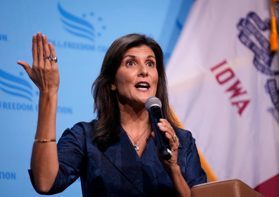 FILE - Republican presidential candidate and former U.N. Ambassador Nikki Haley speaks at the Iowa Faith & Freedom Coalition's fall banquet, Sept. 16, 2023, in Des Moines, Iowa. Haley is gaining attention in the GOP race with her calls for “consensus” around abortion, an unusual tone in a campaign where Republican White House hopefuls often prefer to highlight their eagerness to fight President Joe Biden and other Democrats. (AP Photo/Bryon Houlgrave, File)