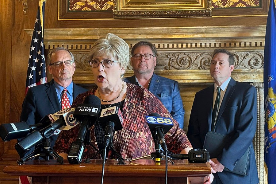 Wisconsin Family Action President Julaine Appling speaks during a news conference Tuesday, Sept. 26, 2023, at the state Capitol in Madison, Wis. Appling was one of a number of leaders of anti-abortion organizations who called for prosecutors in Dane and Milwaukee counties to enforce a state law that conservatives maintain bans abortion. (AP Photo/Todd Richmond)