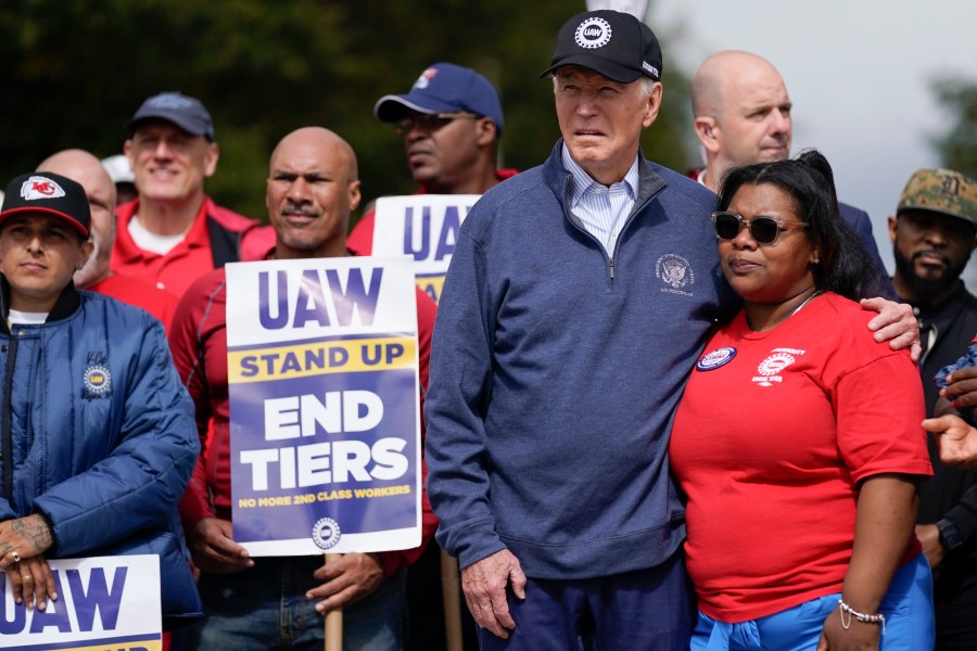 President Joe Biden joins striking United Auto Workers on the picket line, Tuesday, Sept. 26, 2023, in Van Buren Township, Mich. (AP Photo/Evan Vucci)