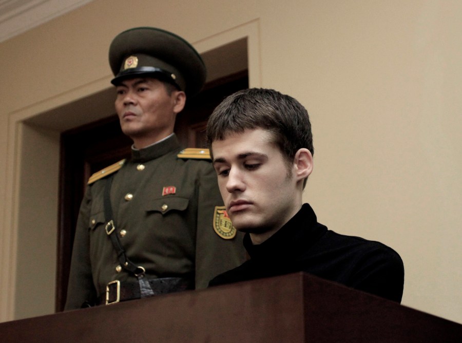 FILE - Matthew Miller, a U.S. citizen, sits on the dock at the Supreme Court during his trial in Pyongyang, North Korea on Sept. 14, 2014. (AP Photo/Kim Kwang Hyon, File)