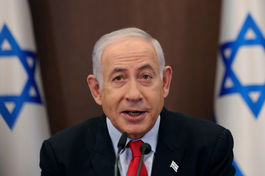 Israeli Prime Minister Benjamin Netanyahu attends the weekly cabinet meeting at the prime minister's office in Jerusalem, Wednesday, Sept. 27, 2023.(Abir Sultan/Pool Photo via AP)