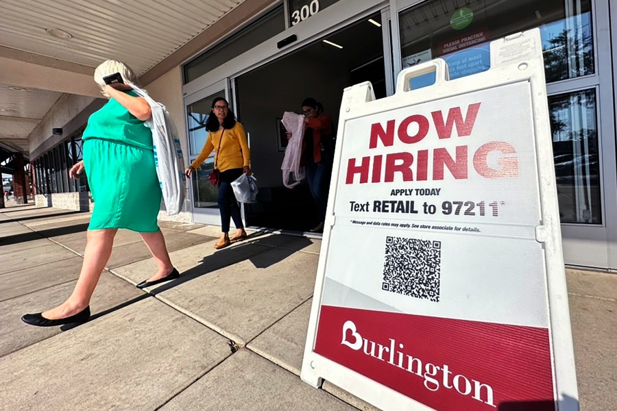 A hiring sign is displayed at a retail store in Vernon Hills, Ill., Thursday, Aug. 31, 2023. On Thursday, the Labor Department reports on the number of people who applied for unemployment benefits last week(AP Photo/Nam Y. Huh)