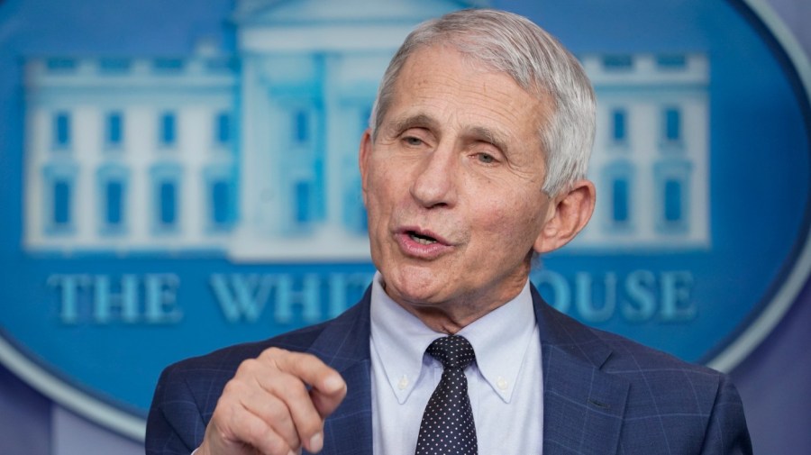 Dr. Anthony Fauci gestures while giving a briefing at the White House.