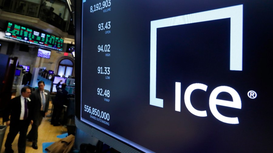 The logo for the Intercontinental Exchange appears above a post on the floor of the New York Stock Exchange, Wednesday, Feb. 5, 2020.