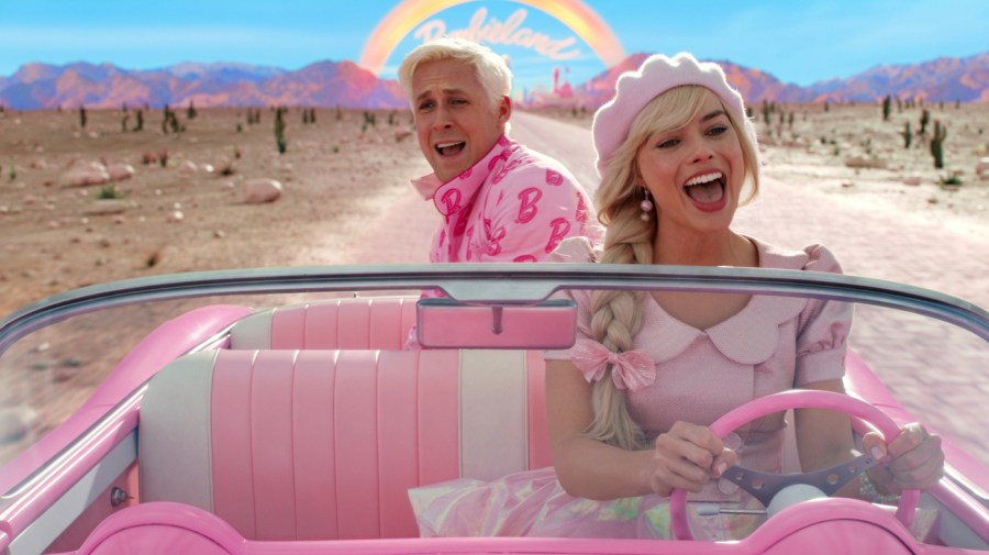 This image released by Warner Bros. Pictures shows Ryan Gosling, left, and Margot Robbie in a scene from "Barbie."