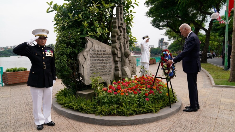 U.S. President Joe Biden visits John Sidney McCain III Memorial in Hanoi, Vietnam, Monday, Sept. 11, 2023.