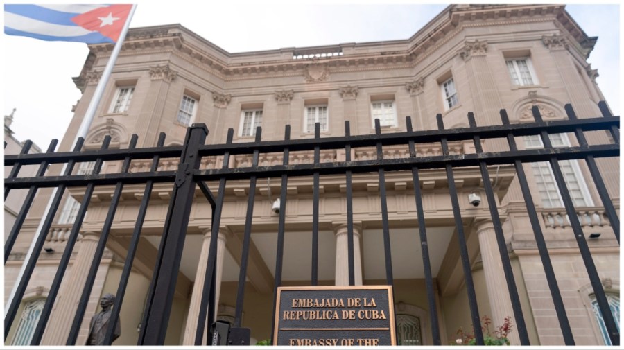 The Cuban Embassy is seen in Washington, Monday, Sept. 25, 2023. U.S. law enforcement officials have launched an investigation after a Molotov cocktail was thrown at the Cuban Embassy in Washington. There was no fire or significant damage to the building. (AP Photo/Jose Luis Magana)