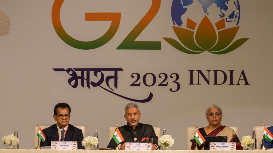 India's Finance Minister Nirmala Sitharaman, right, and G20 summit sherpa Amitabh Kant, left, listen to India's Foreign Minister S. Jaishankar, center, during a press conference at the international media centre on the sidelines of the G20 summit in New Delhi, India, Saturday, Sept. 9, 2023.