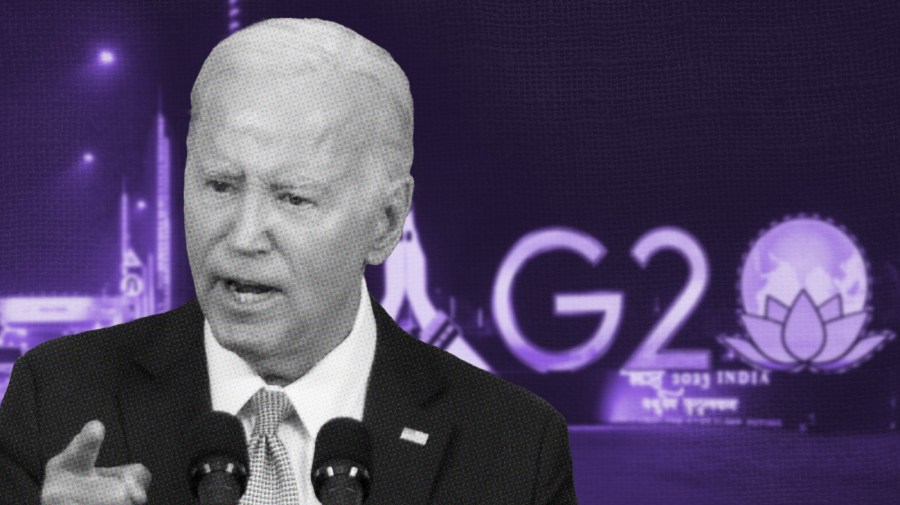 A black and white cutout of President Biden is shown over a purple-tinted background featuring a logo for the G20 summit in India.