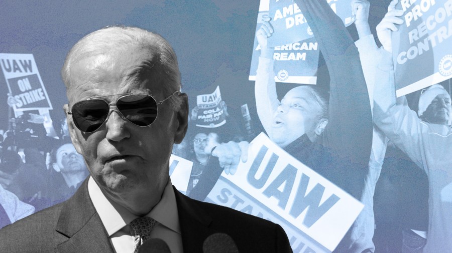 A black-and-white cutout of President Biden appears on the left of the image. He is wearing sunglasses, and appears to be frowning in concern. In the background is an image tinted aqua depicting UAW workers striking. Some of them hold signs that read “UAW on strike” or “UAW stand up, C.O.L.A. fair pay now.”