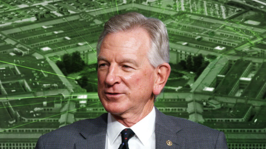 A cutout of Sen. Tommy Tuberville appears over a background depicting the Pentagon and green lights.