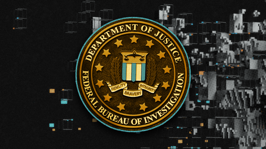 Photo illustration with Department of Justice investigations seal, colored in light orange and teal blue, with gray blocks and outlines of blocks breaking up in the background with some light orange and teal coloring dotting the background image. Dark gray background.