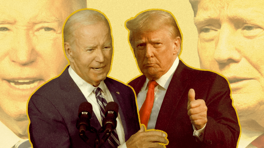 Photo illustration of Joe Biden and Donald Trump. On the left, there is a yellow-toned, semi-transparent close-up of Biden with some color and another cutout of Biden on top of that which is also yellow-toned with a gold outline. On the right, there is a yellow-toned, semi-transparent close-up of Trump with some color and another cutout of Trump on top of that which is also yellow-toned with a gold outline. Background is light yellow.