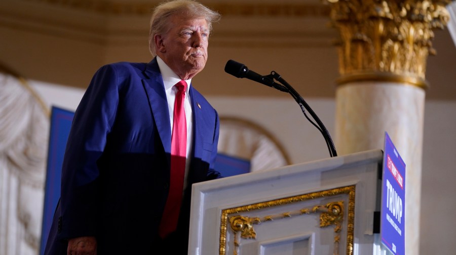 Former President Donald Trump speaks at his Mar-a-Lago estate Tuesday, April 4, 2023, in Palm Beach, Fla.