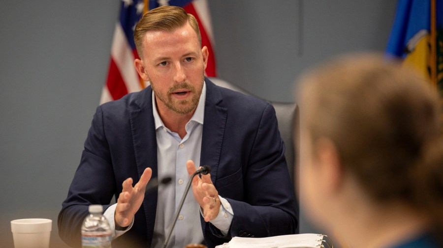 State Superintendent Ryan Walters speaks to members of the State Board of Education during a meeting where they voted 6-0 for accreditation with deficiencies for the Tulsa Public School district in the Oliver Hodge Building on Thursday, Aug. 24, 2023, in Oklahoma City.