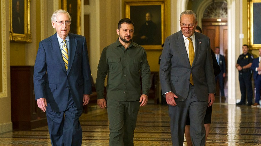 Ukrainian President Volodymyr Zelensky arrives to the Senate accompanied by Minority Leader Mitch McConnell (R-Ky.) and Majority Leader Chuck Schumer (D-N.Y.)