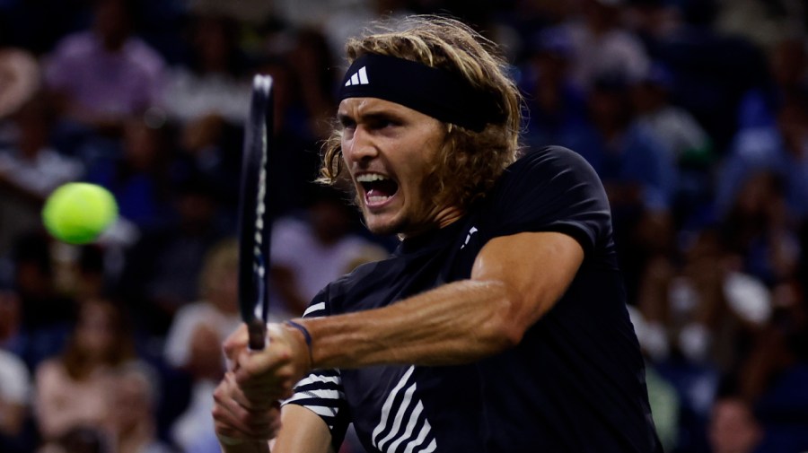 Alexander Zverev, of Germany, returns to Grigor Dimitrov, of Bulgaria, during the third round of the U.S. Open tennis championships, Saturday, Sept. 2, 2023, in New York.