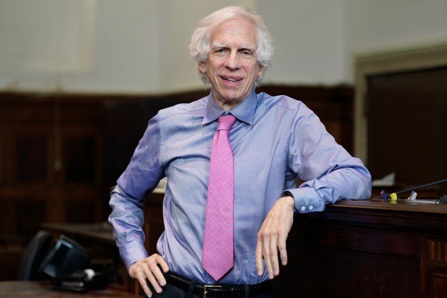 Judge Arthur Engoron poses for a picture in his courtroom in New York, Thursday, Sept. 28, 2023. Starting Monday, Oct. 2, Engoron will preside over a non-jury trial in Manhattan to resolve remaining claims in New York Attorney General Letitia James’ lawsuit against former President Donald Trump, his company and top executives. (AP Photo/Seth Wenig)