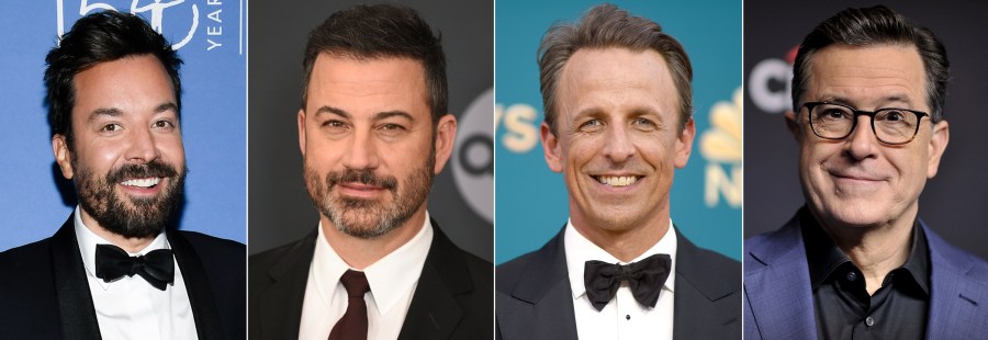 This combination of images shows, from left, Jimmy Fallon, Jimmy Jimmy Kimmel, Seth Meyers, and Stephen Colbert. The late-night hosts are scheduled to return to the air on Monday, Oct. 2, 2023, the first time in five months that they’ll have new shows due the writers strike, which concluded last week. (AP Photo)