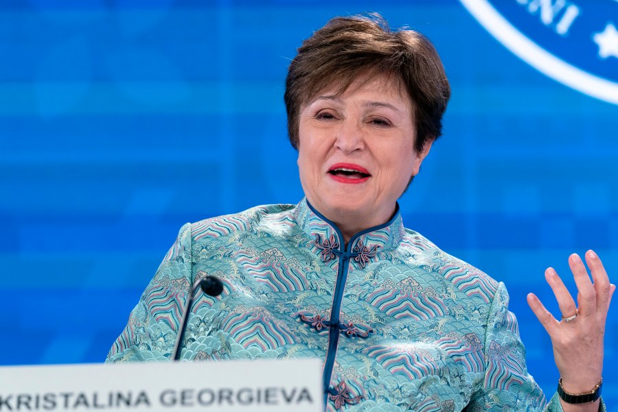 FILE - International Monetary Fund Managing Director Kristalina Georgieva speaks at a news conference, during the World Bank/IMF Spring Meetings at the International Monetary Fund (IMF) headquarters in Washington, on April 14, 2023. The global economy has shown remarkable resilience but still bears deep scars from the coronavirus pandemic, the war in Ukraine and rising interest rates. That's according to Georgieva. She spoke Thursday, Oct. 5, in Abidjan, Ivory Coast, ahead of next week’s fall meetings of the IMF and the World Bank. (AP Photo/Jose Luis Magana, file)